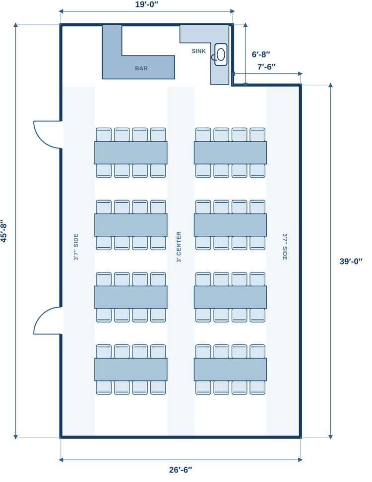 Floor plan of the Crazy Creek meeting room with eight 8-foot tables set in four rows of two, eight chairs at each table, 64 seats in all