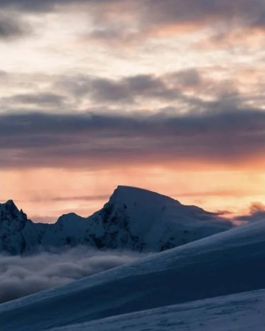 Snowy peaks above a sea of cloud at sunset near Revelstoke