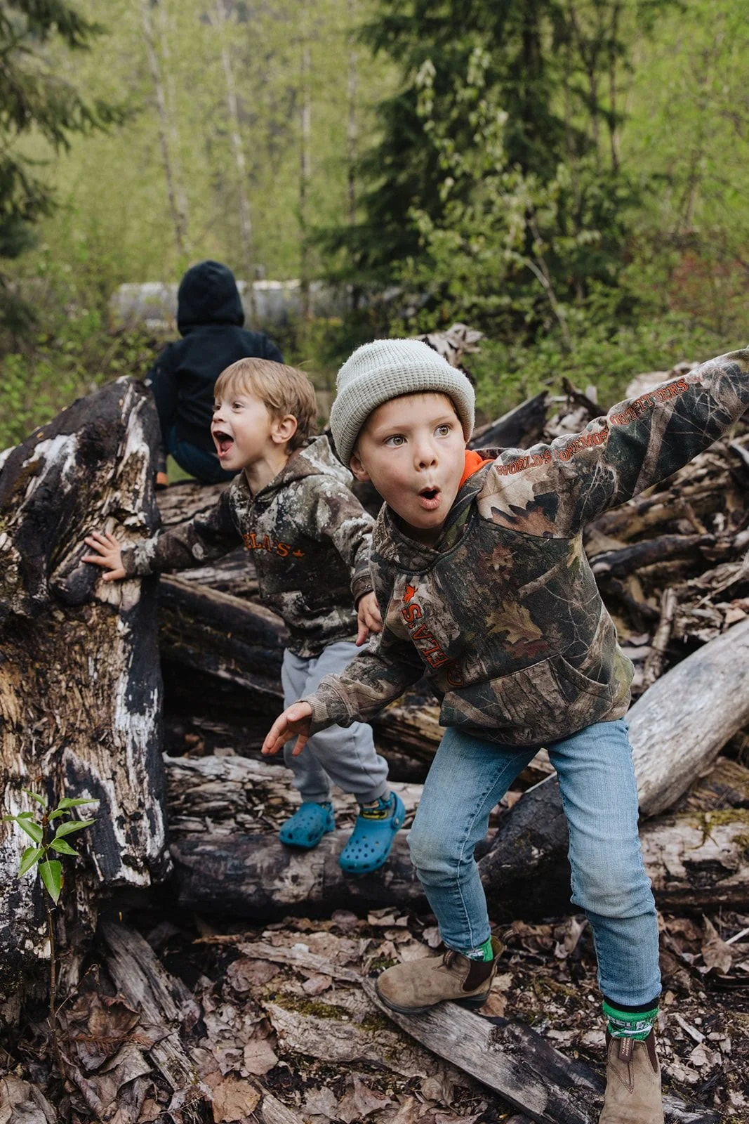 Two excited kids climbing over a pile of old weathered timbers in the forest near the Taft ruins