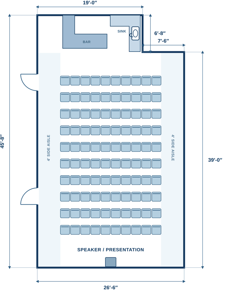 Floor plan of the Crazy Creek meeting room set for a presentation: 100 chairs in ten rows of ten facing a speaker at the far end, with aisles along both sides and the bar and sink at the back