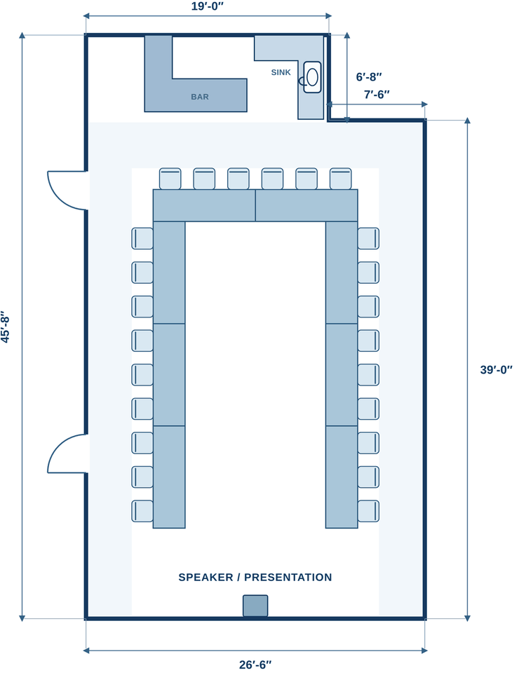 Floor plan of the Crazy Creek meeting room with tables in a U-shape seating 24, an open centre for discussion and a speaker position at the open end