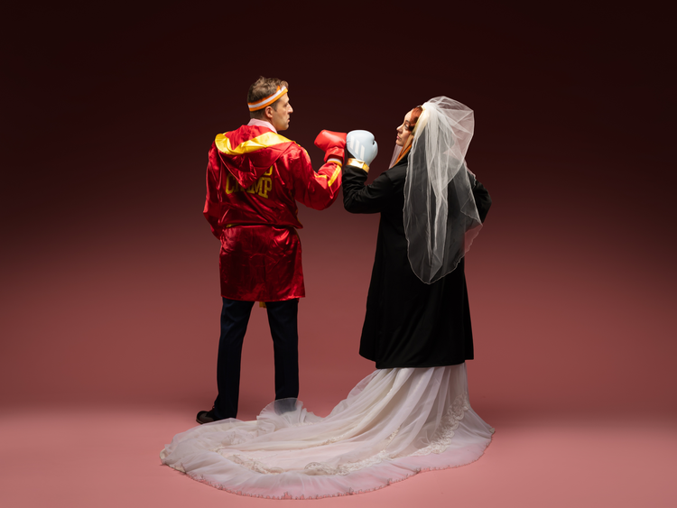 Digital graphic of Theatre Artibus' upcoming production, Knuckle Sandwich. Bride and boxer standing together with fists.