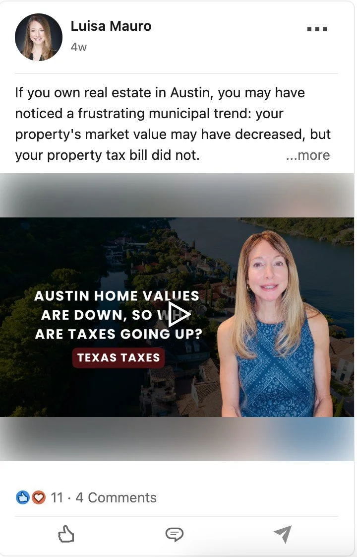 Luisa Mauro LinkedIn post about Austin property values and taxes