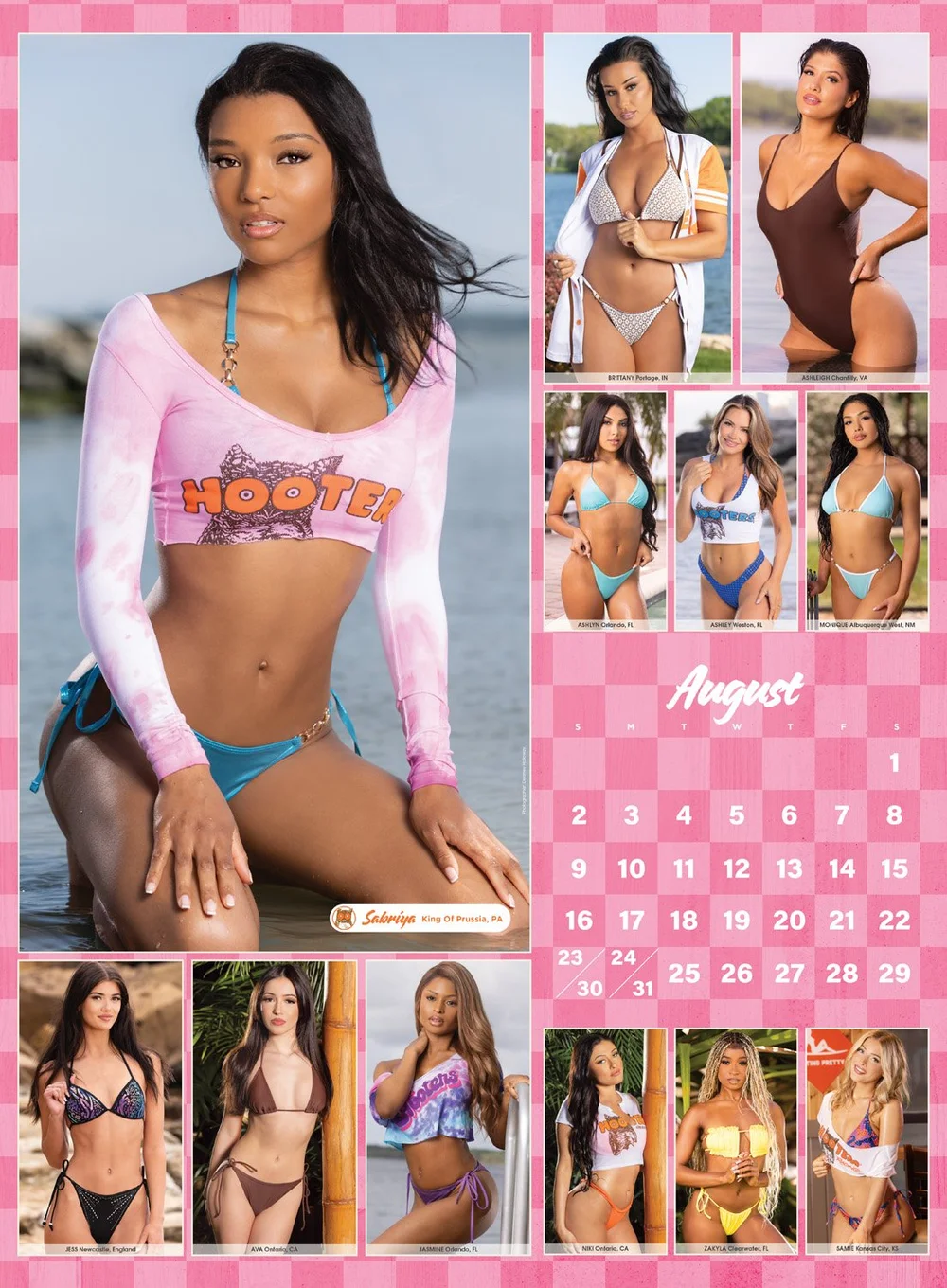 2026 Hooters Calendar August page, full-color Hooters Girl photo spread