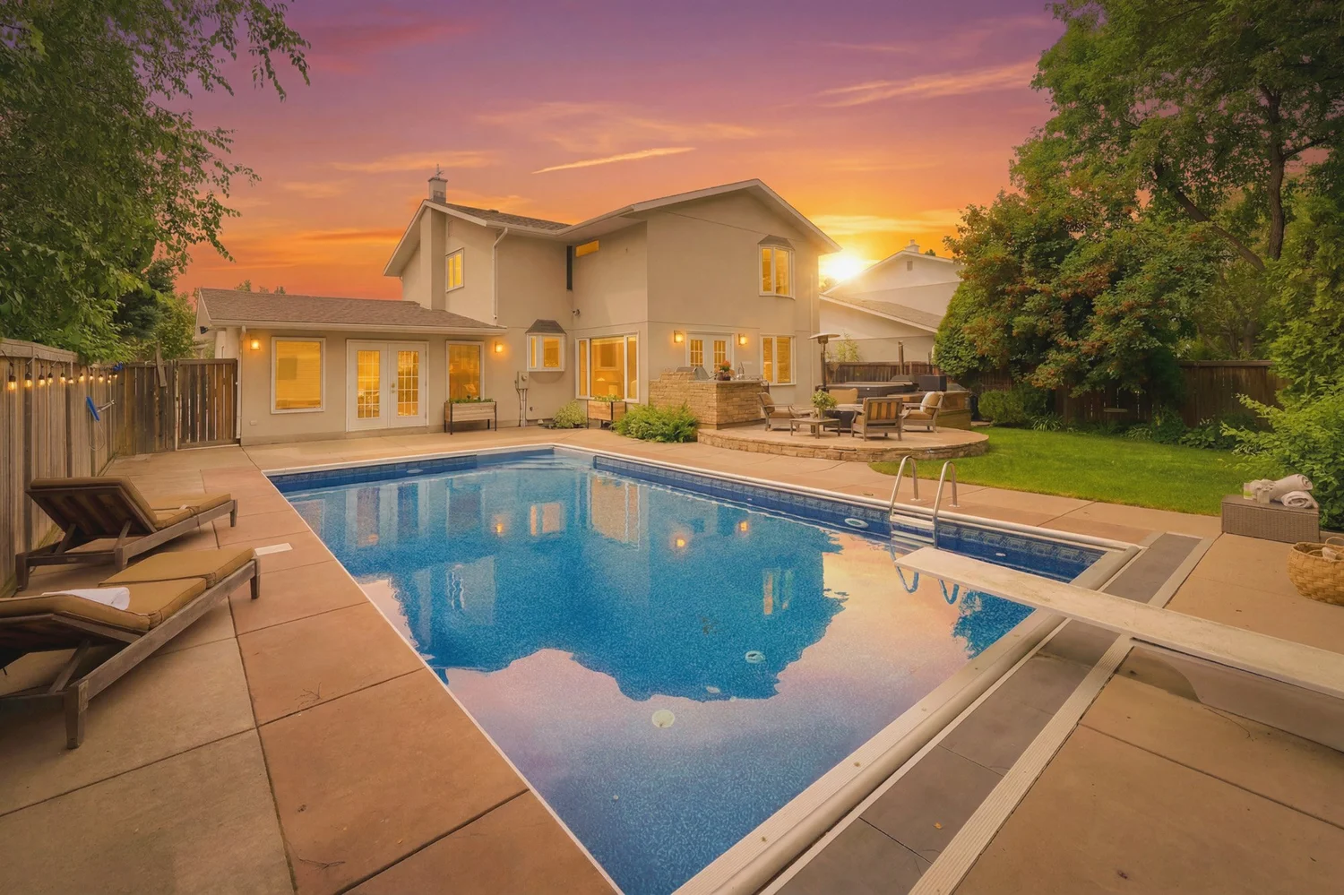 Virtually edited evening view of a home and swimming pool