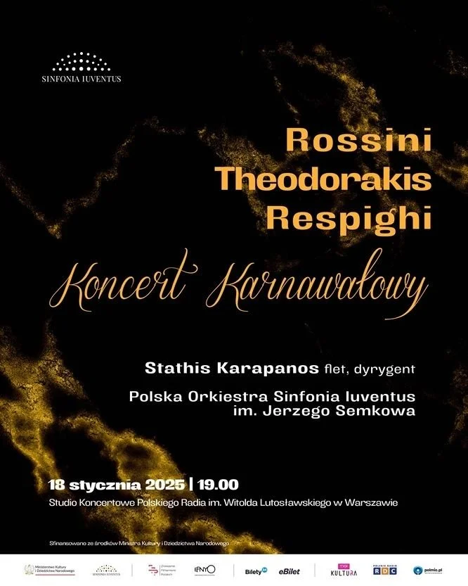 Original poster for the Rossini–Theodorakis–Respighi carnival concert, Warsaw, 18 January 2025.