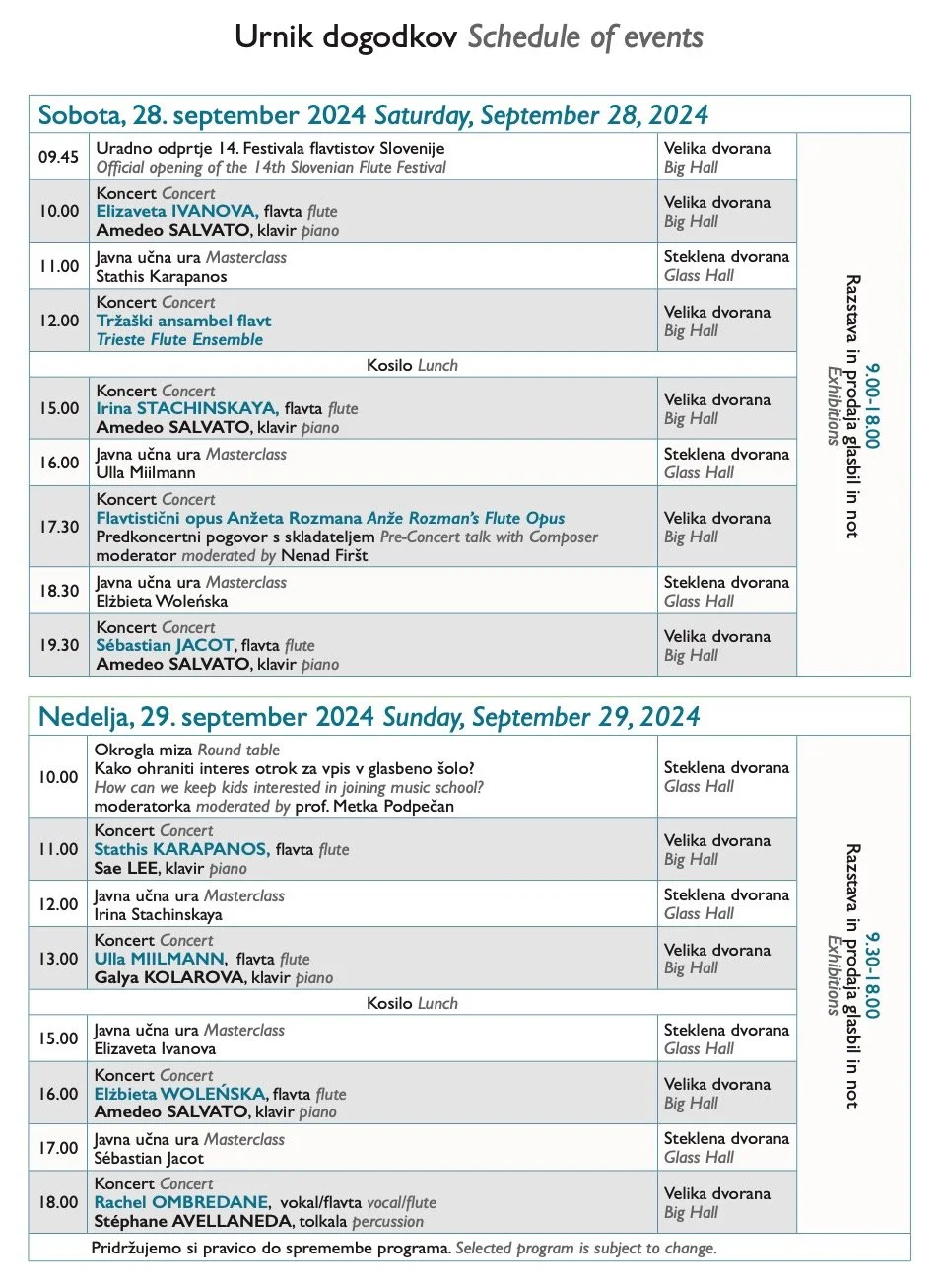 Original schedule of the 14th Slovenian Flute Festival: Karapanos and Sae Lee, 29 September 2024 at 11:00.