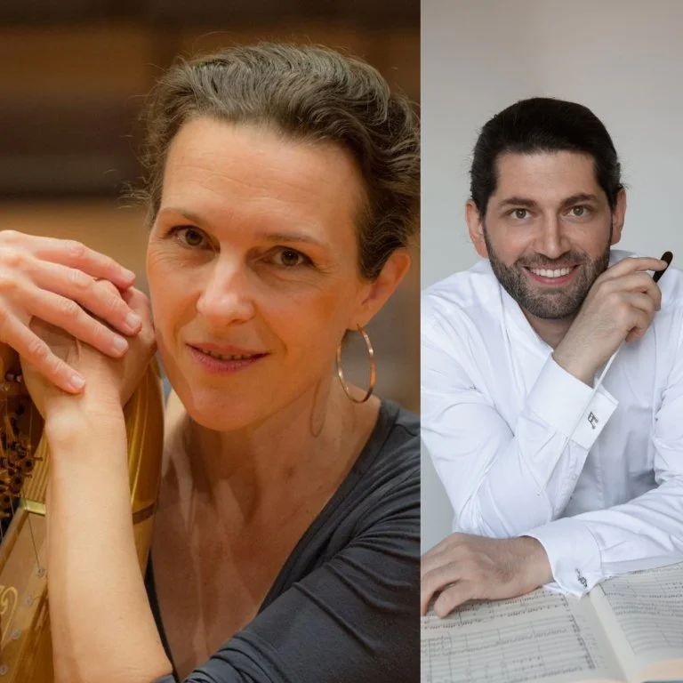 Marie-Pierre Langlamet and Mirian Khukhunaishvili in promotional artwork for UYO’s 12 March 2023 concert.