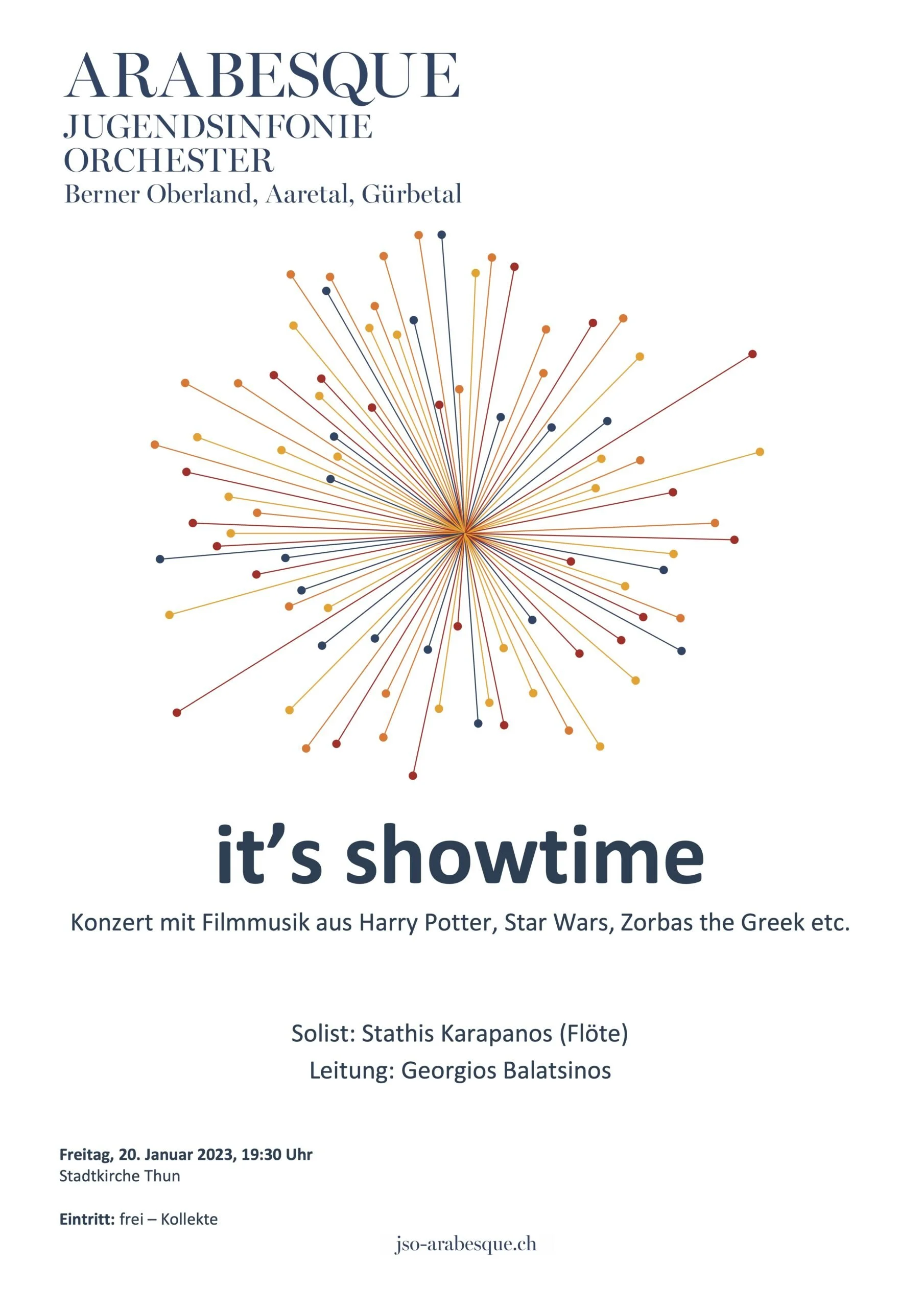Official poster for Arabesque’s It’s Showtime concert with Stathis Karapanos and Georgios Balatsinos, Stadtkirche Thun, 20 January 2023.