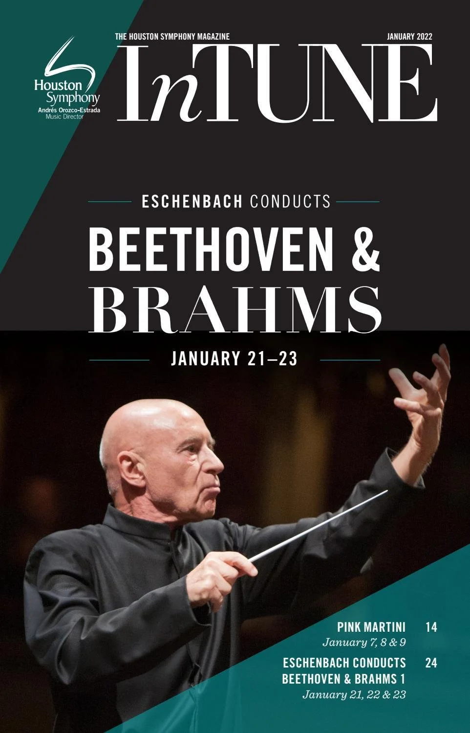 Official January 2022 InTune cover advertising Eschenbach Conducts Beethoven & Brahms 1, 21–23 January 2022.