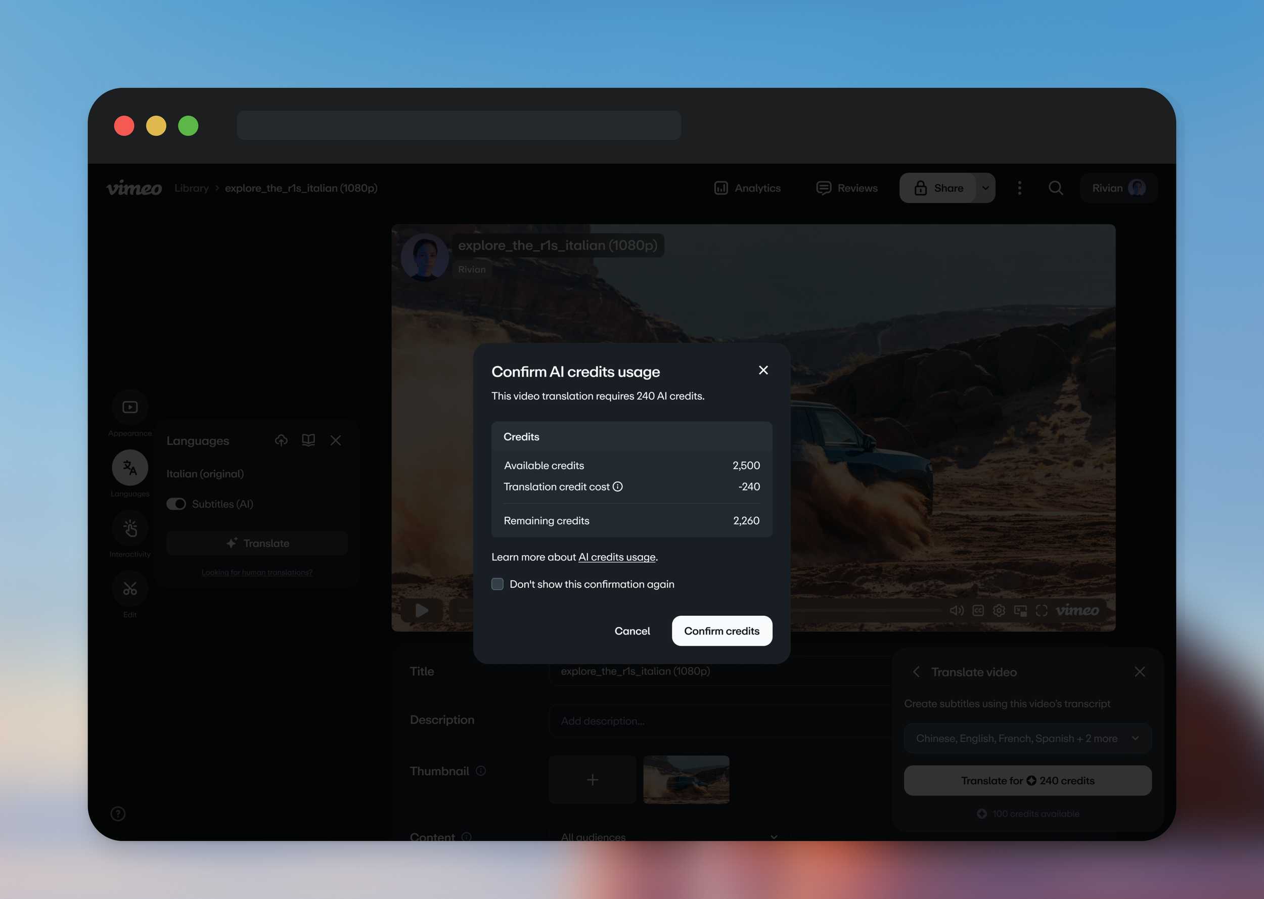 Vimeo confirm AI credits usage