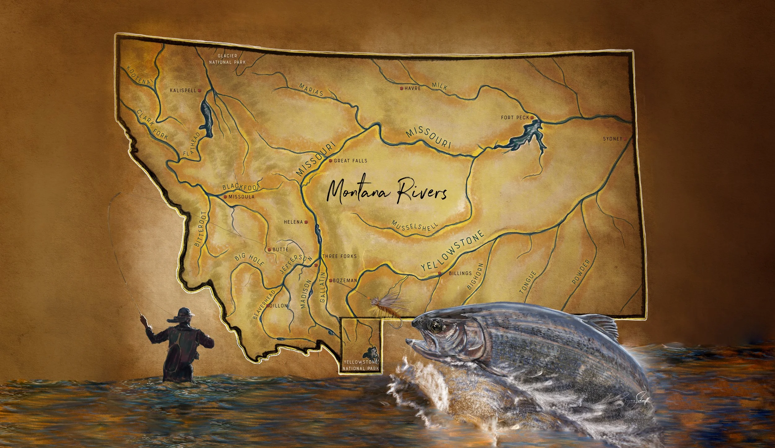 Montana Rivers commissioned illustration: Montana watershed map, fly angler, and leaping trout