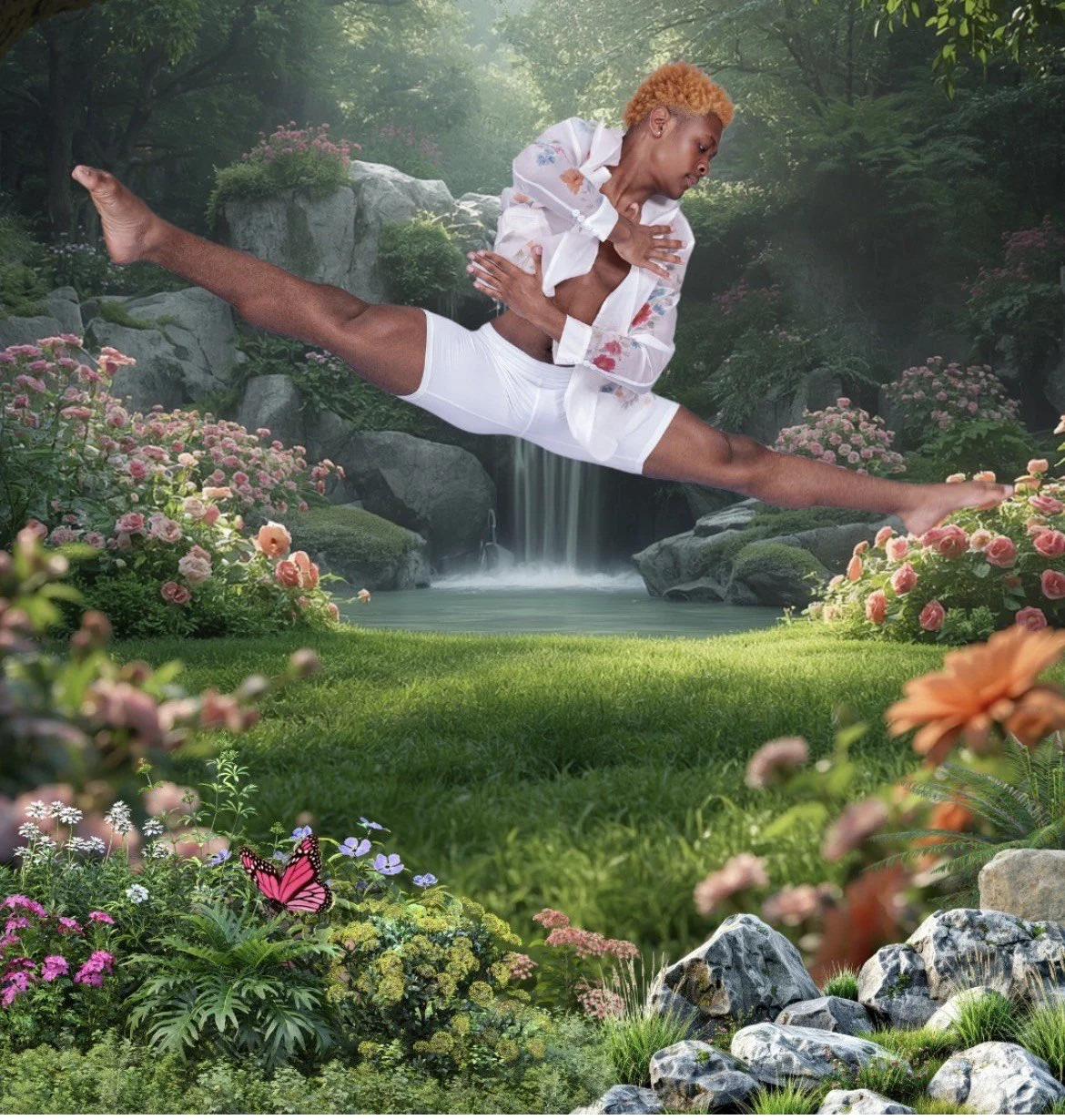 Justin Smith Jr. in a dance leap against a garden backdrop.