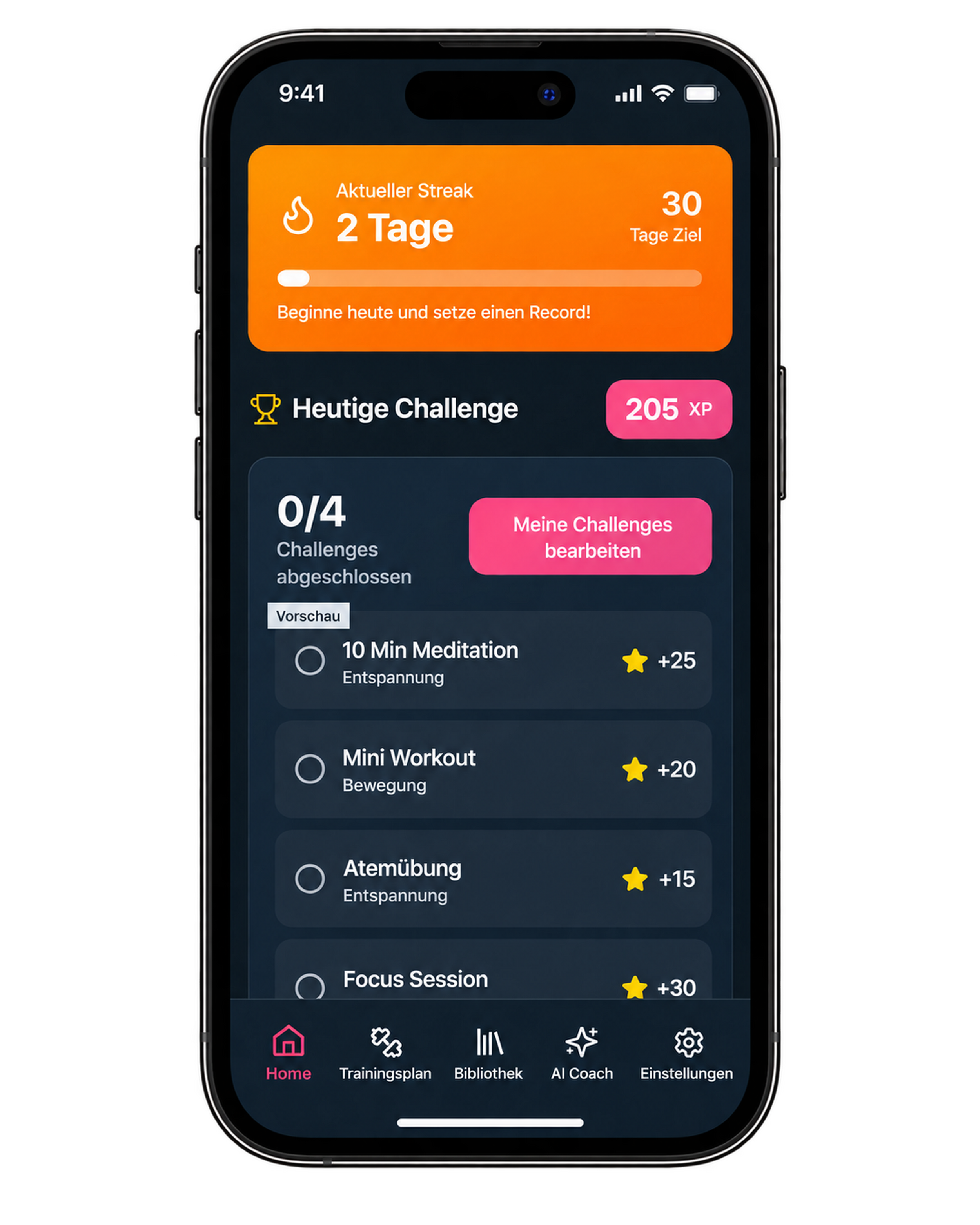 recreact Challenges mit Meditation, Mini Workout und Atemübung