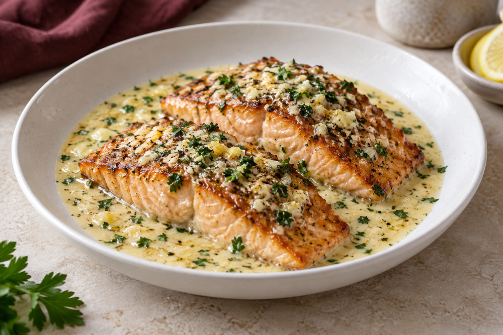 Seared Salmon in Creamy Garlic Sauce