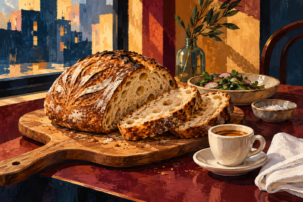 Painterly sourdough loaf, espresso and a shared table in burgundy, ochre and navy.