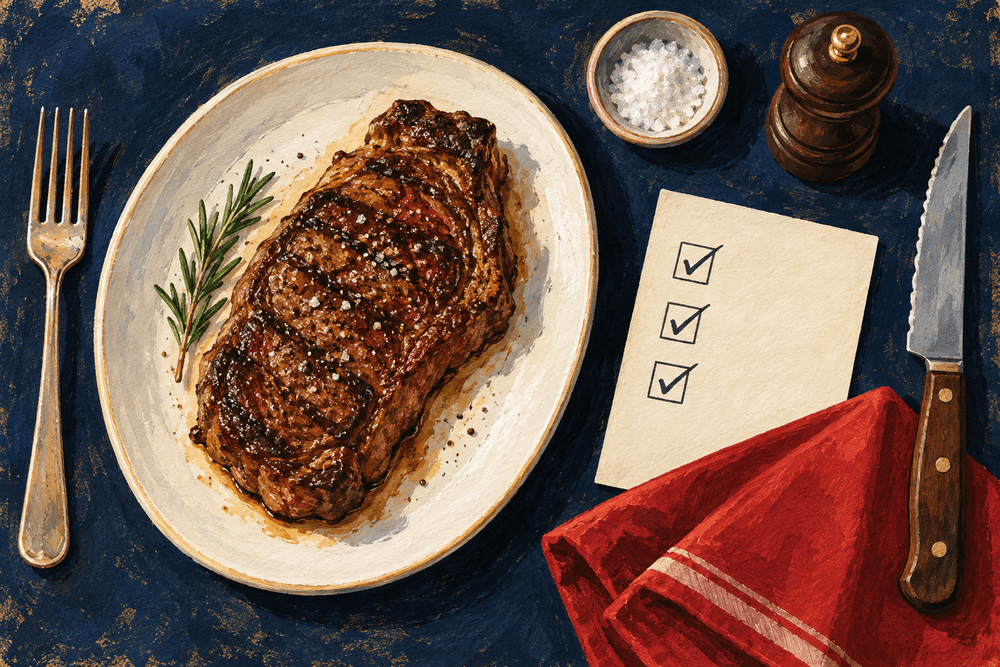 Gouache illustration of a steak plate, seasoning and a kitchen checklist