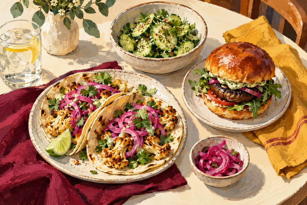 Painted cauliflower tacos, cucumber salad and a mushroom burger on an ivory cafe table