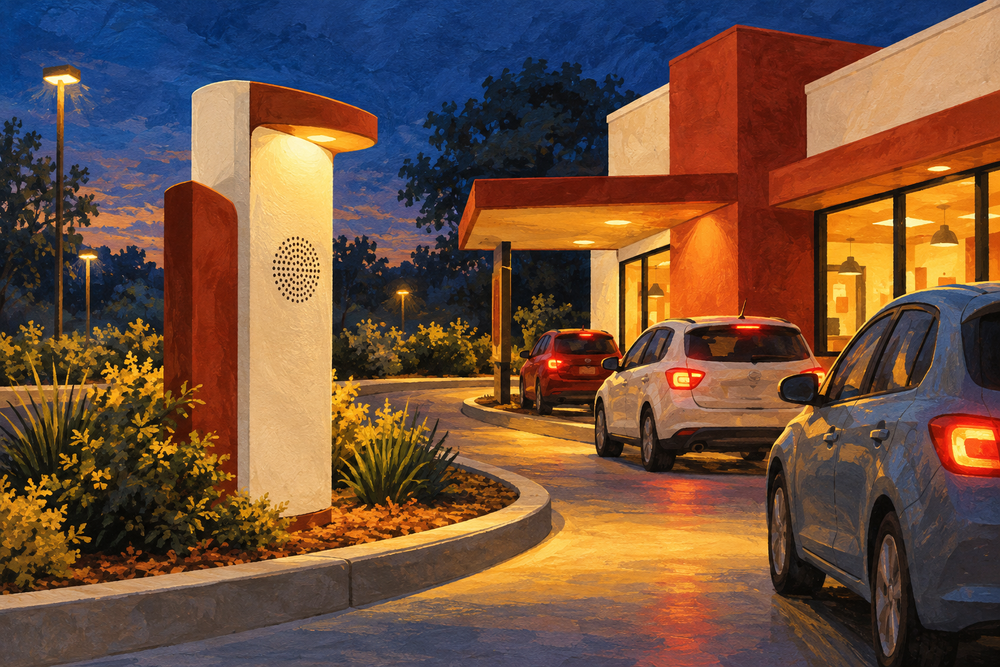 Painted illustration of an unbranded drive-through speaker and a line of cars at dusk