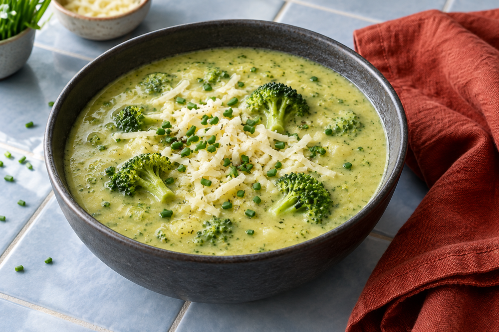 Green broccoli and white cheddar soup with chives in a charcoal bowl on blue tile.