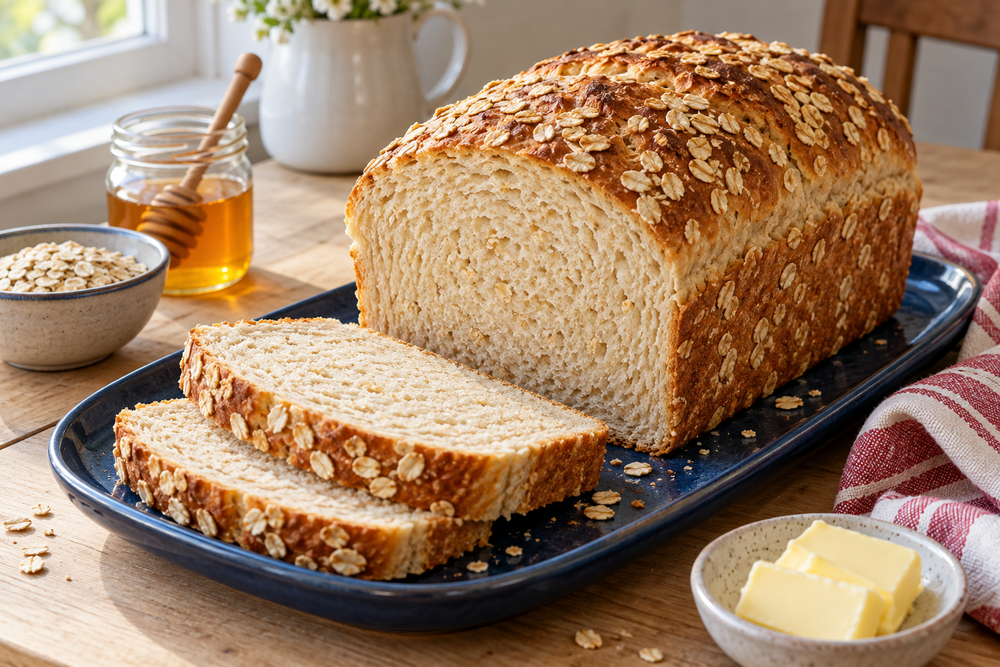 Golden oatmeal sandwich loaf with oat-covered crust and two slices on a blue platter