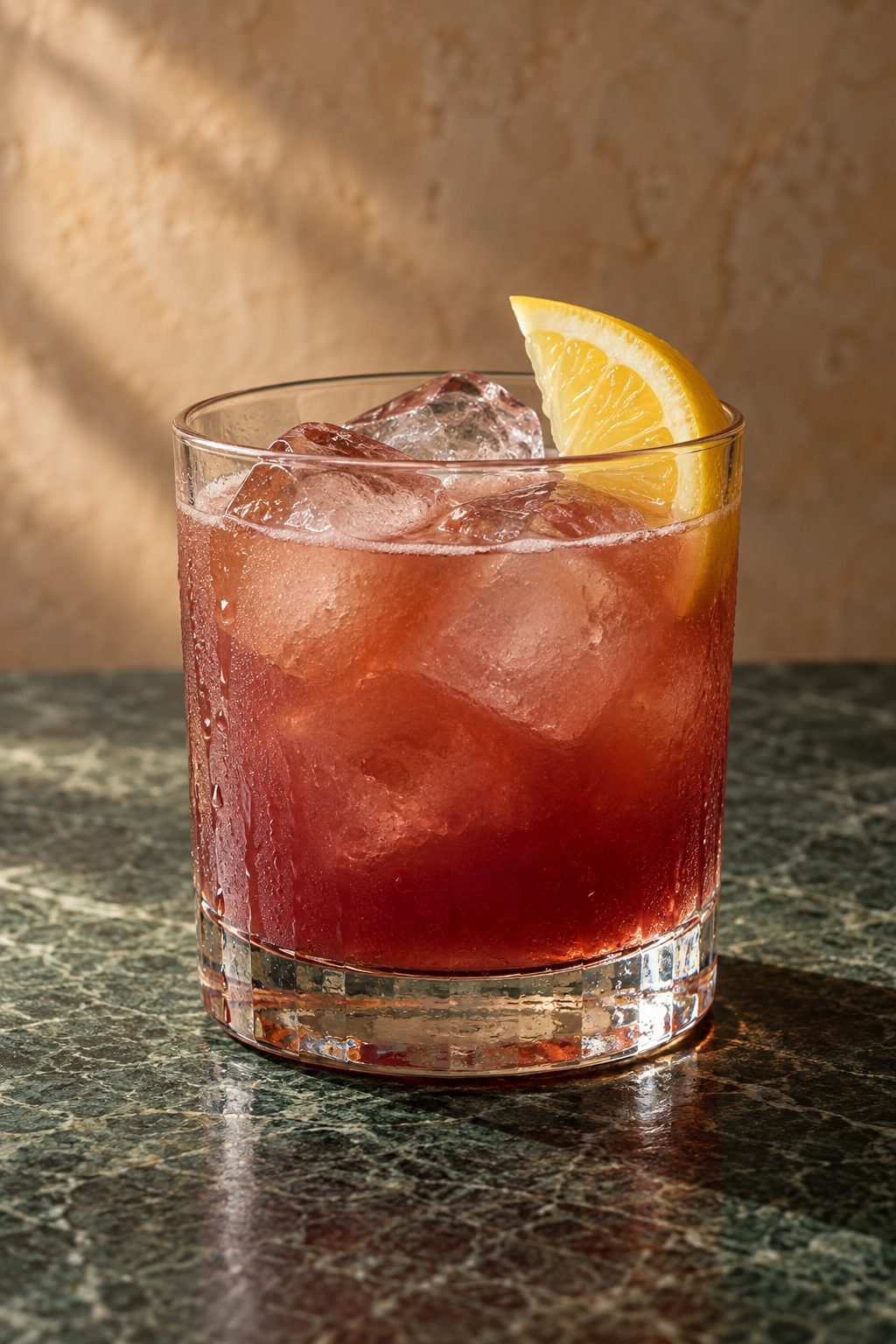 Bourbon Renewal over ice with a lemon wedge on a dark green stone counter.