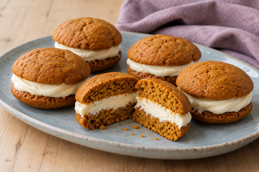 Soft pumpkin sandwich cakes with ivory cream cheese filling on a pale blue platter