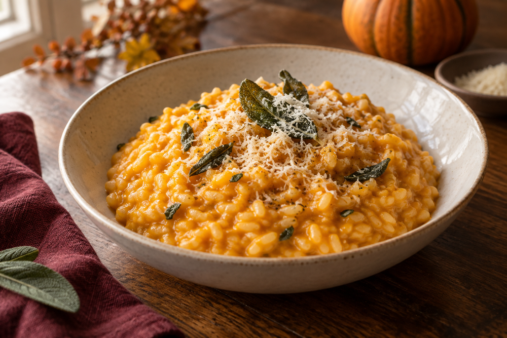 Golden pumpkin risotto topped with sage and Parmesan in an ivory bowl.