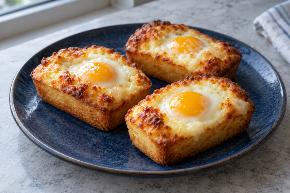 Small golden Korean egg breads with whole baked eggs on a blue plate