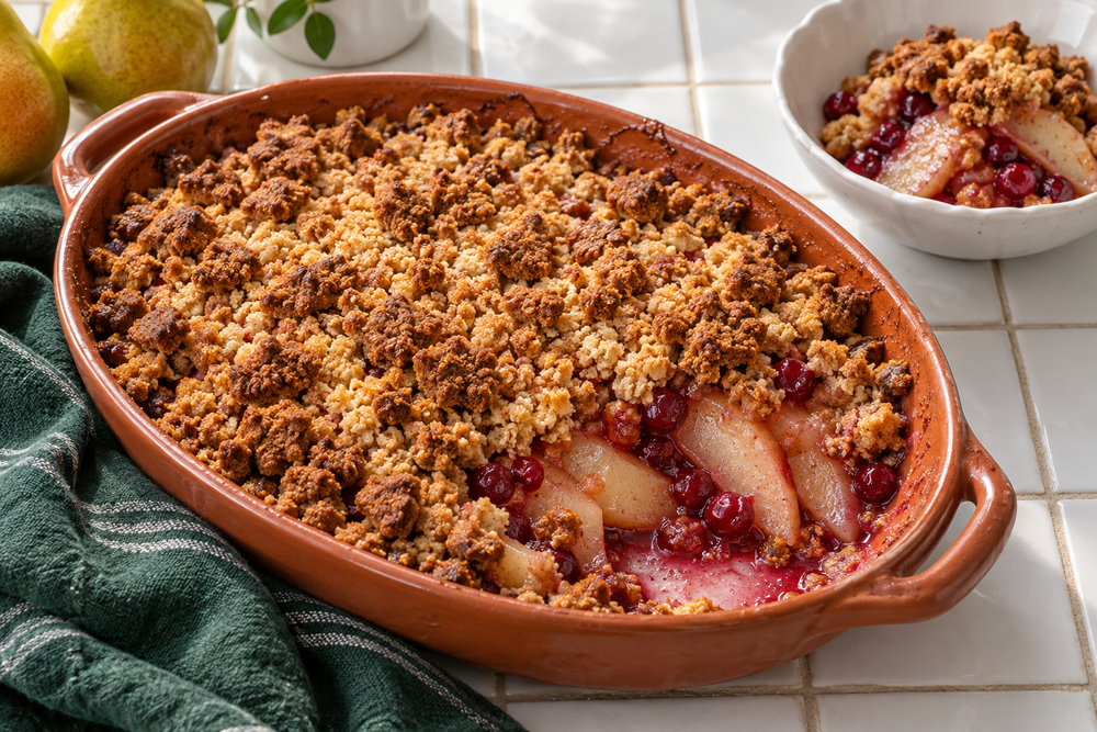 Golden gingersnap crumble revealing sliced pears and red cranberries in a terracotta dish