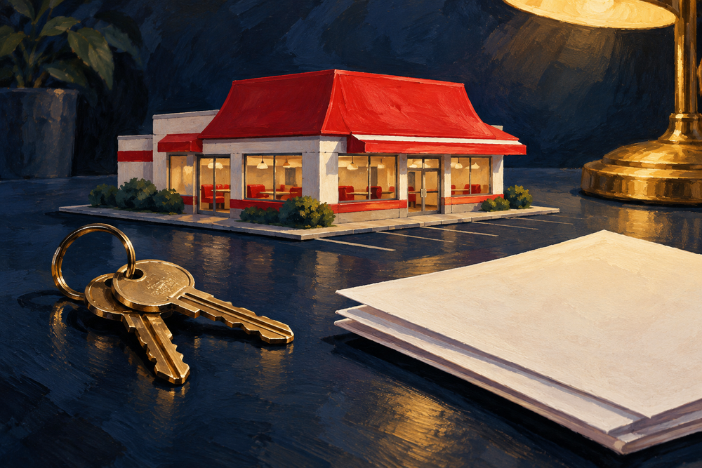Painted miniature burger restaurant with keys and blank papers on a navy tabletop