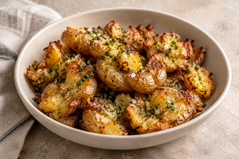 Golden smashed yellow potatoes with chopped chives and flaky salt