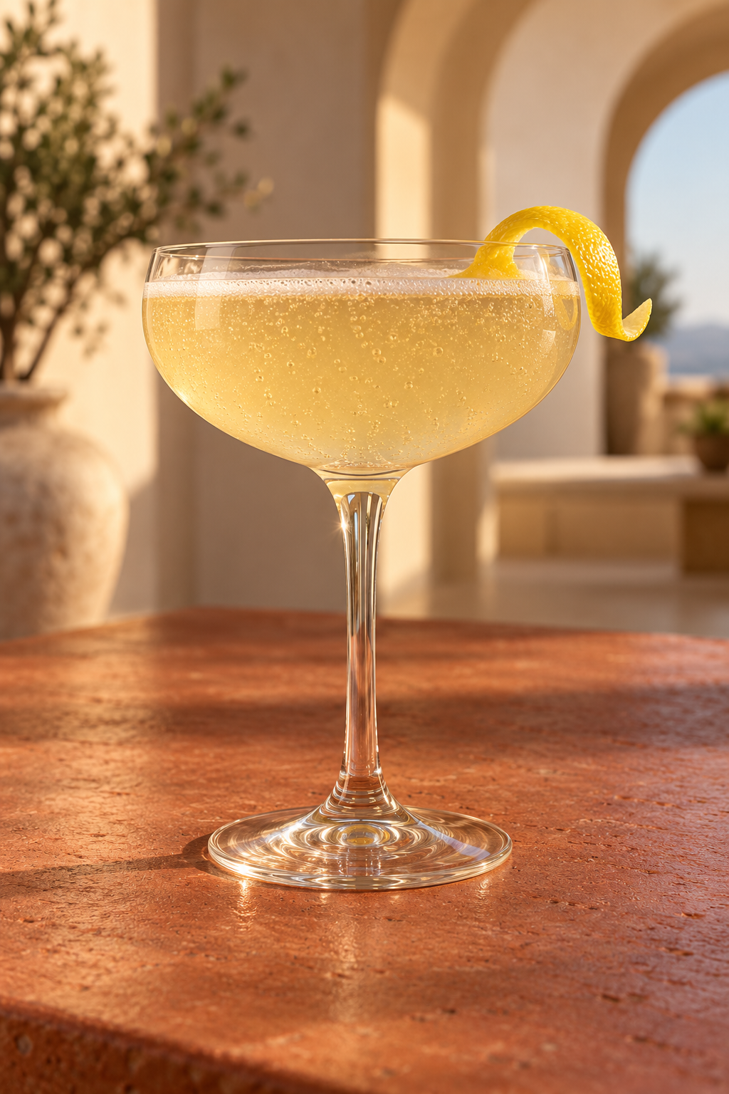 Golden sparkling French 125 in a coupe with lemon peel on a terracotta table.