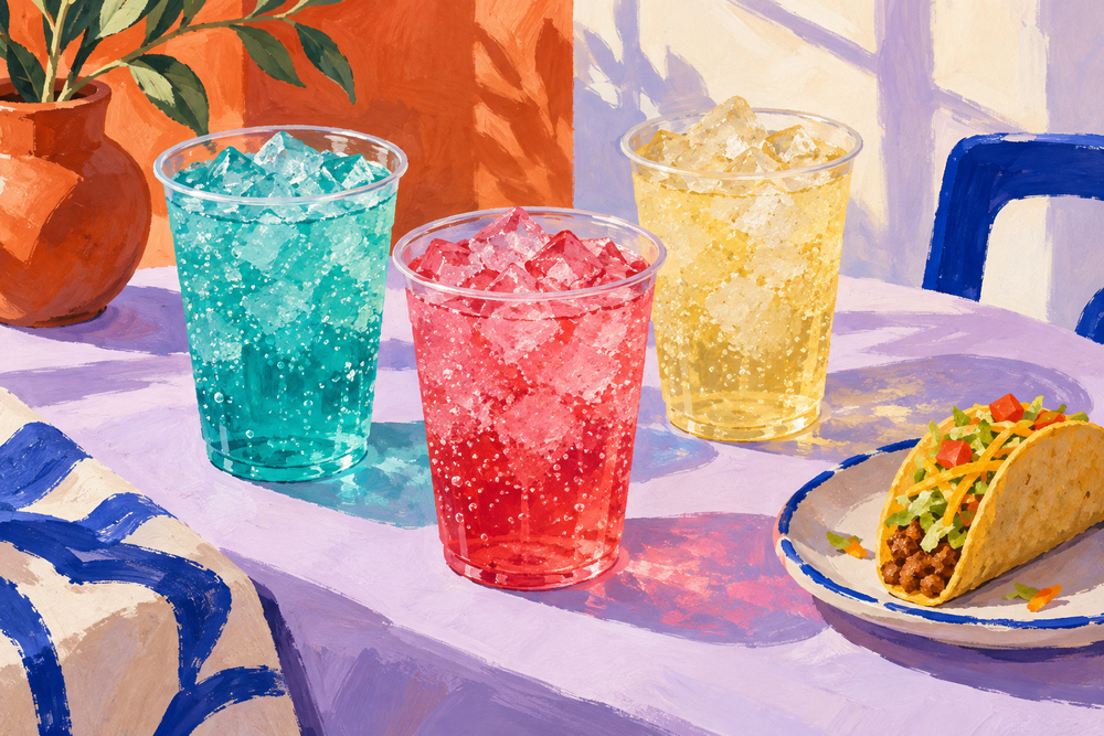 Colorful painted illustration of three unbranded iced beverages beside a taco