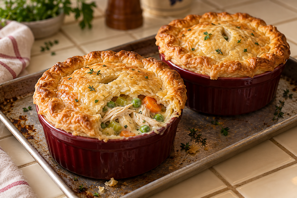 Golden pastry-topped chicken pot pies with chicken, carrots, peas and creamy filling