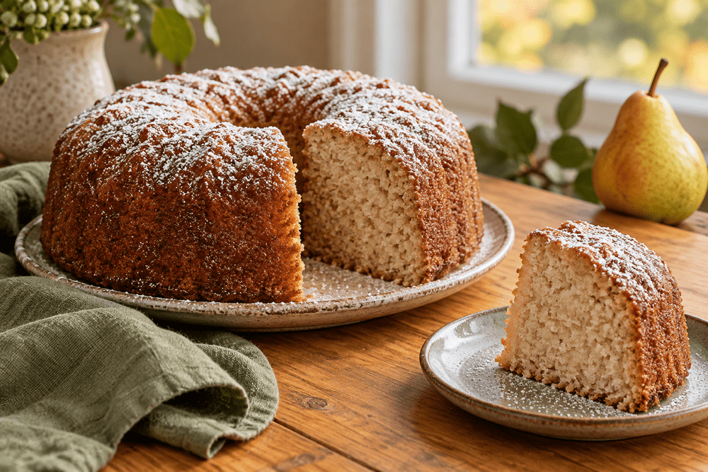 Round cinnamon pear bread with a light dusting of sugar and a cut slice on a wooden table