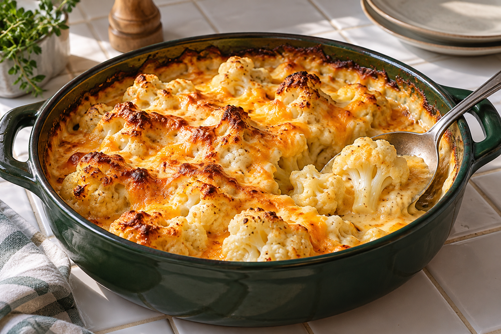 Roasted cauliflower in golden cheese sauce in a round green casserole on white tile