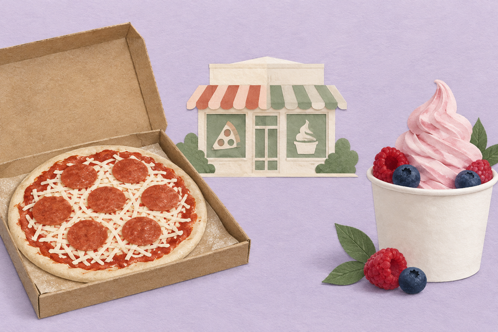 Conceptual paper illustration of a pizza, frozen yogurt and a shared storefront