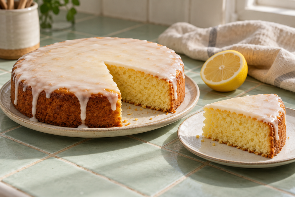 Round lemon yogurt cake with white glaze and a cut slice on a pale mint table