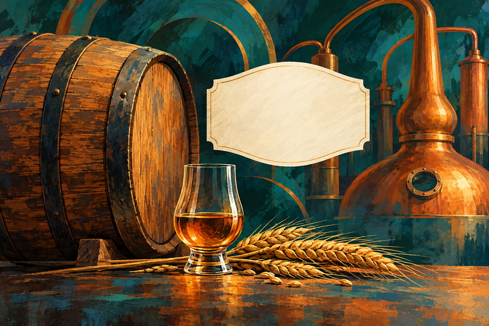 Painted oak barrel, whiskey tasting glass and wheat against a teal background.