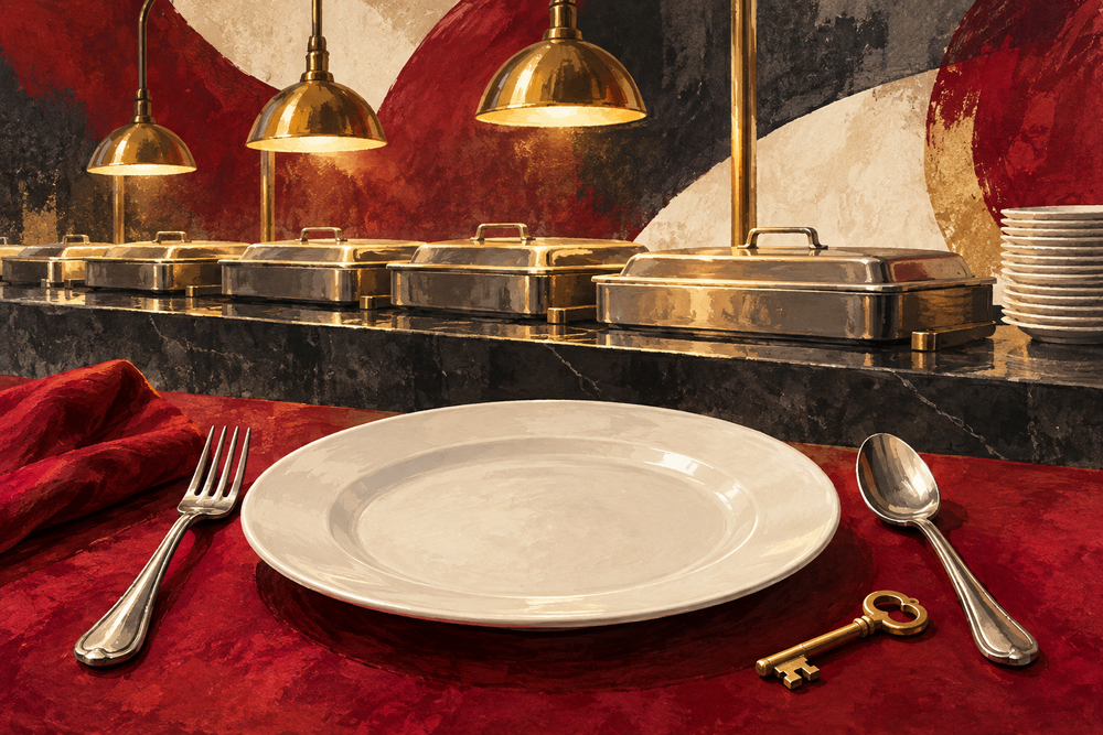 Conceptual painted buffet trays, a white dinner plate and a brass key in red and ivory.