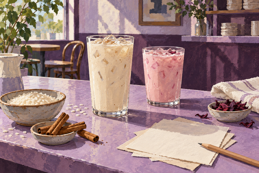 Gouache illustration of creamy iced drinks and cinnamon on a lilac cafe counter.