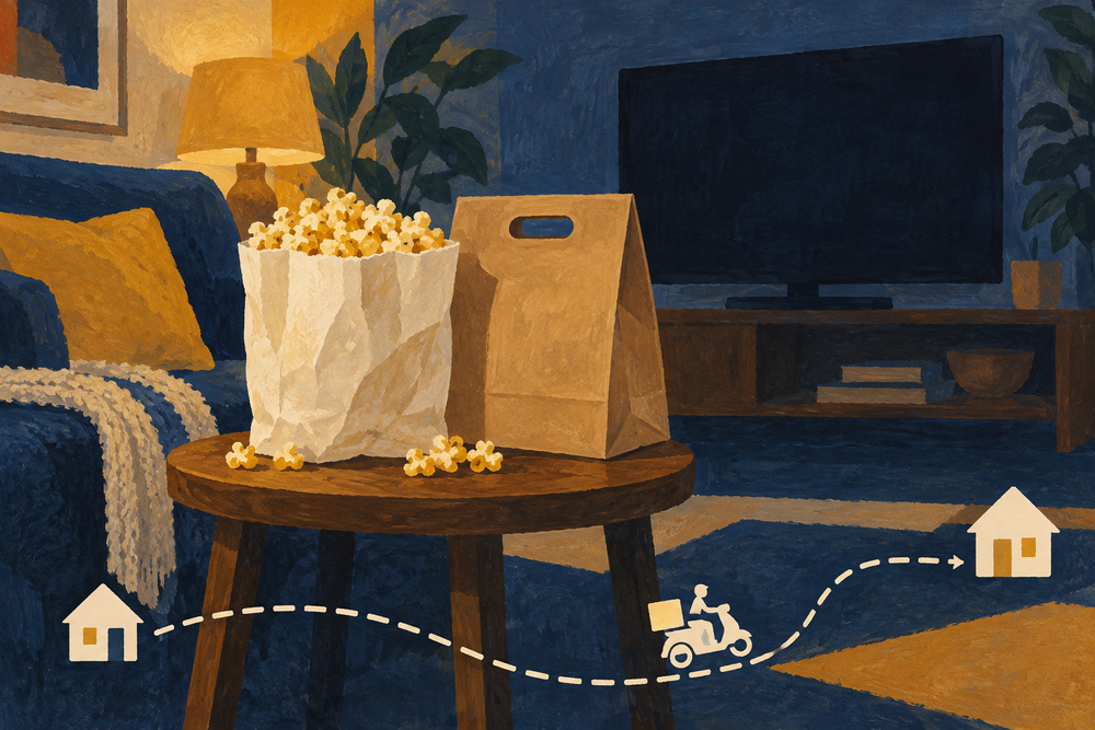 Painted illustration of popcorn and a takeout carrier beside a television