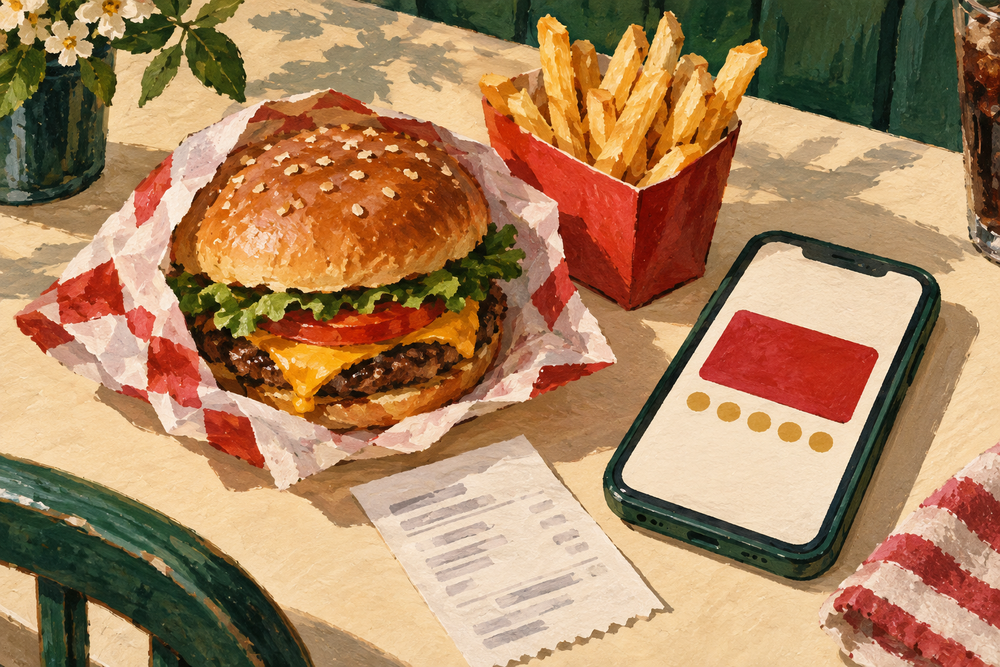 Painted burger, fries and a phone displaying a symbolic rewards card