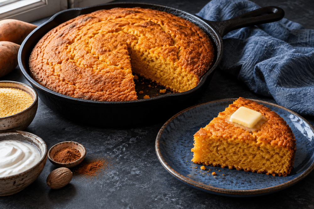 Golden sweet potato cornbread in a cast iron skillet with a buttered wedge on a blue plate.