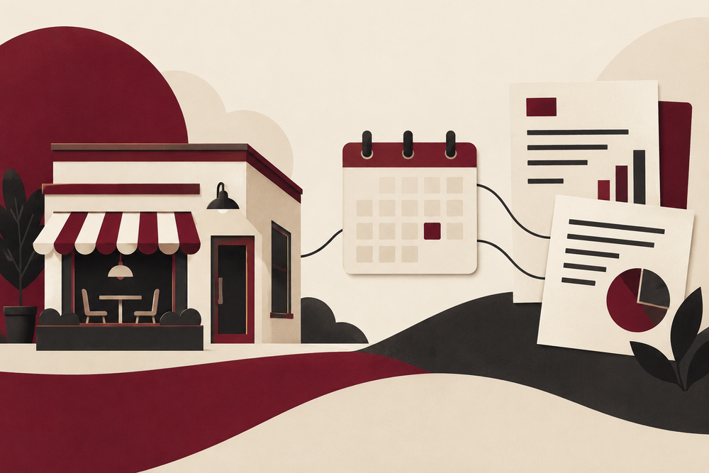 Illustrated restaurant, financing documents and a calendar