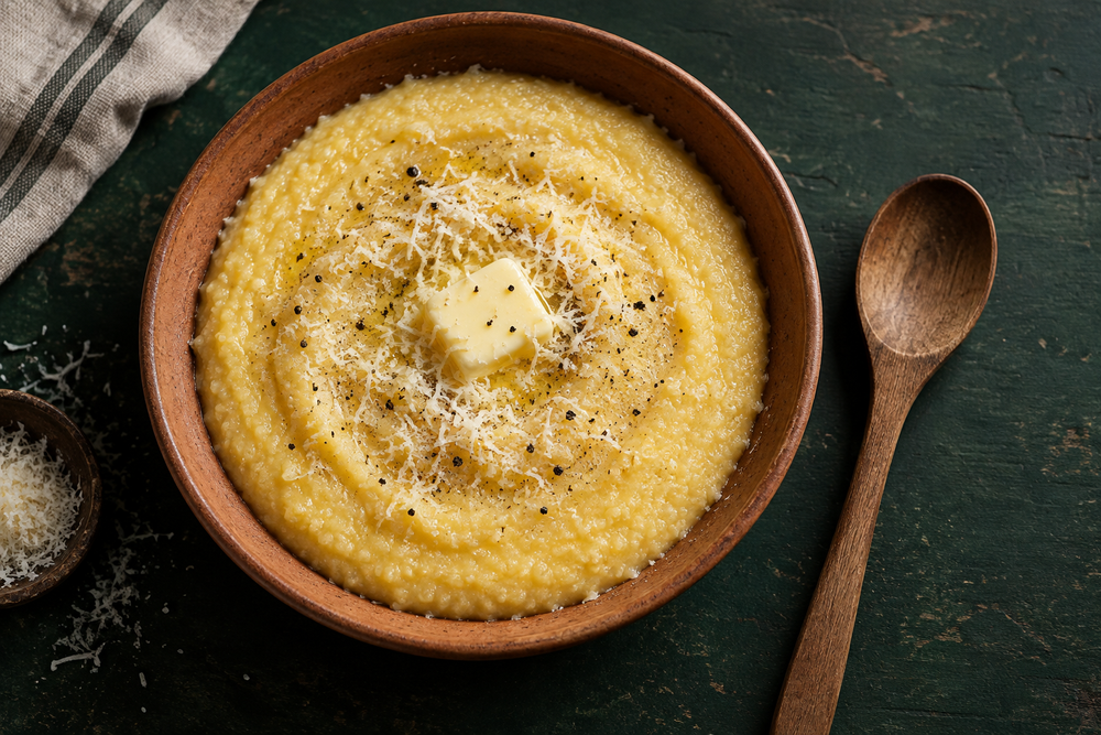 Golden Parmesan polenta with butter and pepper in a terracotta bowl.