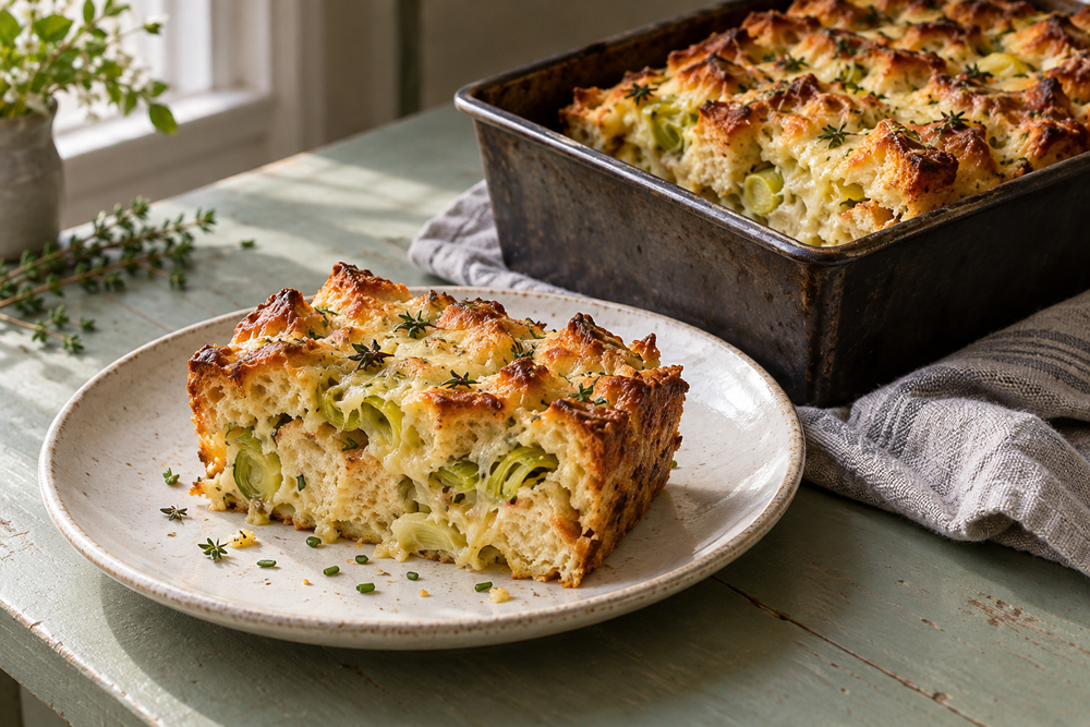 A slice of golden leek bread pudding beside its loaf pan on a sage tabletop.