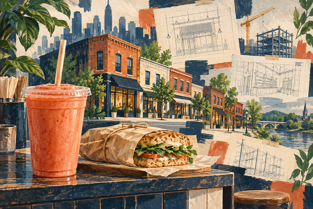 Painterly smoothie and sandwich with imaginary neighborhood storefronts and planning sheets.