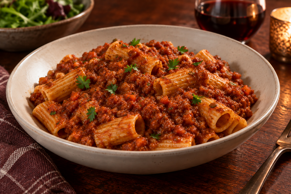 Rigatoni with thick tomato, red lentil and walnut sauce in an ivory bowl